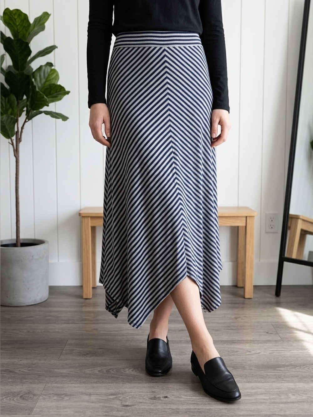 Faded Glory Maxi Skirt Navy and Gray Striped Handkerchief Hem  Boho